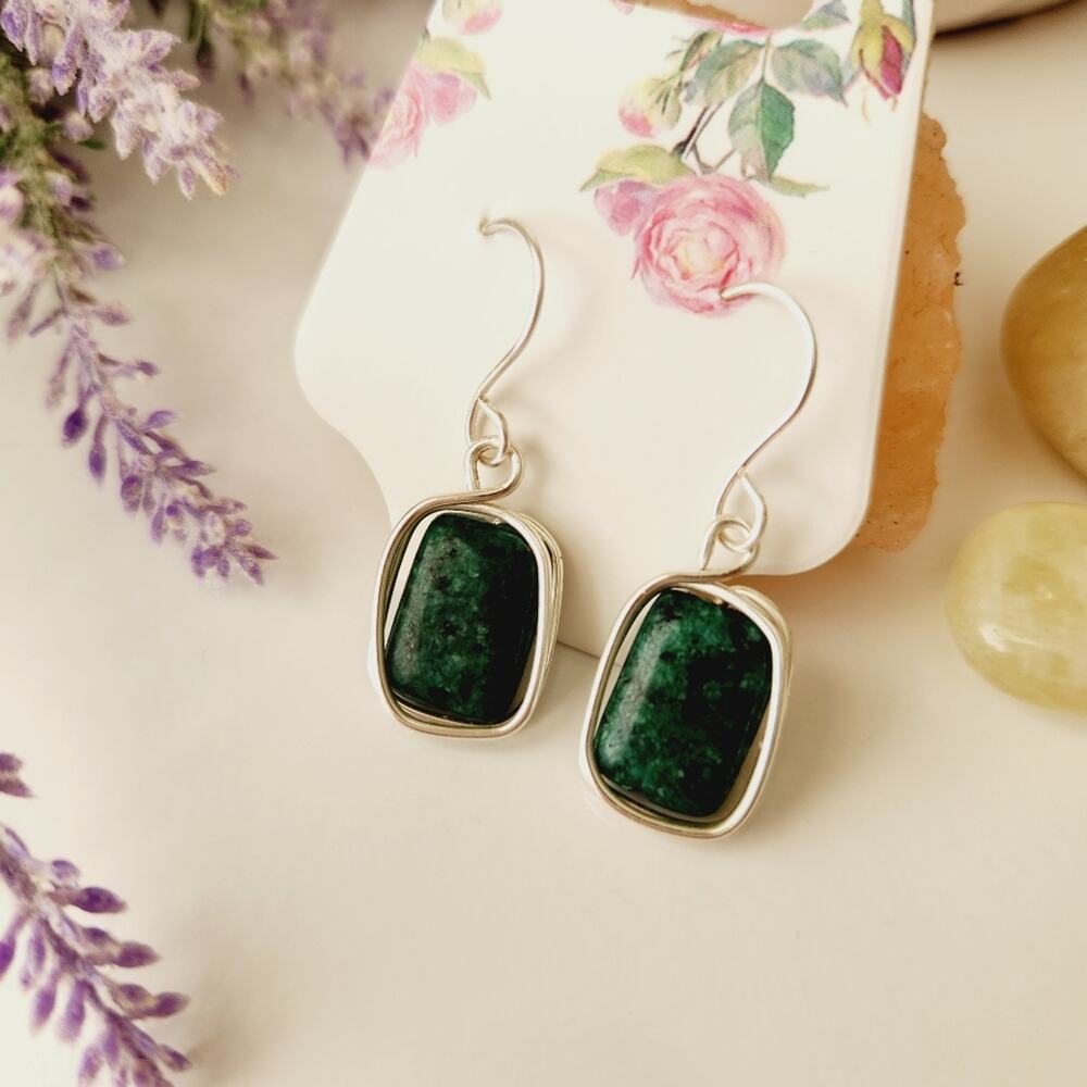 Natural African Turquoise Stone Earrings, Silver Plated Wire Wrapped Earrings - Picture 4 of 9